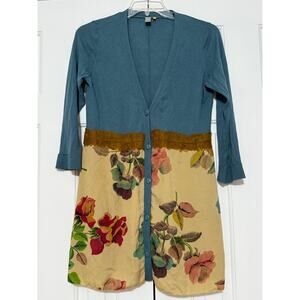 Anthropologie Knitted & Knotted Teal Cardigan with Floral Mixed Media Hem, L
